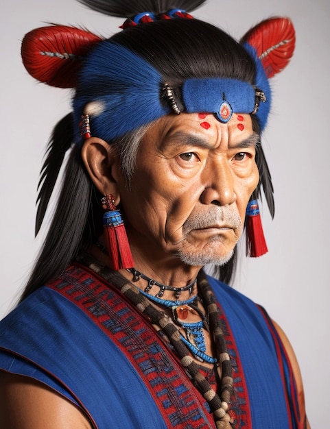 Porträtfoto eines asiatischen alten Kriegerhäuptlings-Stammespanthers, blau auf rotem Seitenprofil aussehend