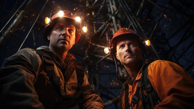Porträtfoto eines Elektrikers Zwei Personen, die in der Höhe arbeiten und Sicherheitsausrüstung an einem Hochspannungsmasten tragen