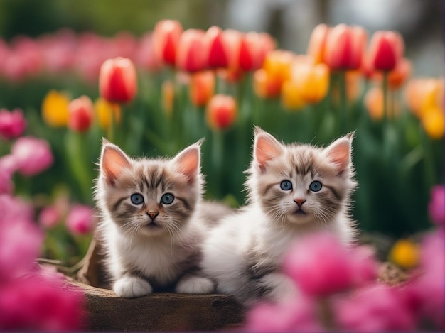 Porträtfoto von niedlichen und flauschigen Kätzchen im Garten voller bunter Tulpenblüten