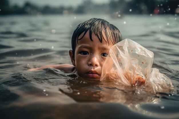 Porträtfoto von traurigen Kinderaugen, die in verschmutztem Wasser voller Plastiktüten stehen