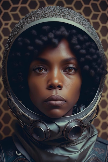 Porträtfotografie einer schwarzen Frau aus dem Süden der 1980er Jahre, die einen Raumanzug und einen Helm trägt