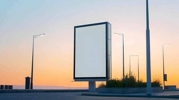 Porträtplakat mit weißer Leere für Außenwerbung in städtischen Gebieten bei Sonnenuntergang