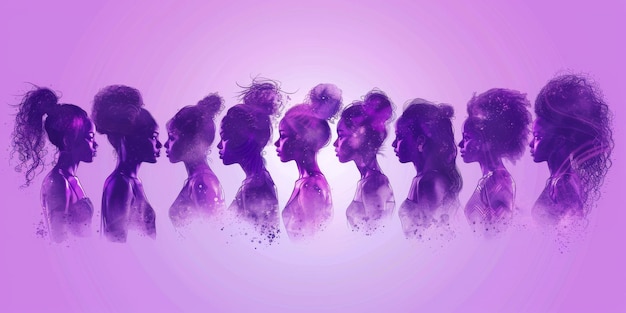 Porträts verschiedener Frauen im Profil in lila Farben Starke Frauen Generative KI