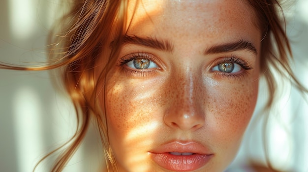 Portrait der sonnigen Schönheit mit leuchtenden Freckles und blauen Augen