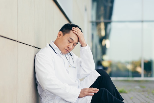 Portrait Doktor Asiatischer Mann müde nach der Arbeit auf dem Boden sitzend in der Nähe der Klinik enttäuscht vom Ergebnis