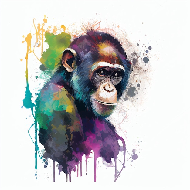 Portrait Drawing Monkey Macaque Paint Watercolour Lebendige Farben Generative AI