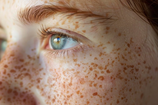 Portrait einer jungen Person mit Freckles und blauen Augen, die Unschuld und Wunder widerspiegeln