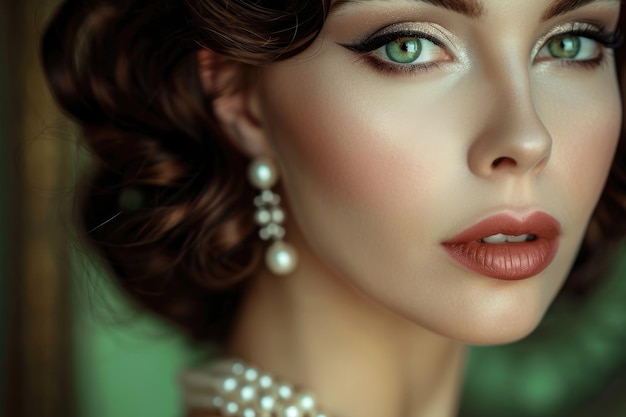 Portrait einer romantischen Frau im Retro-Stil Mädchen mit altmodischer Mütze Perlen Halskette