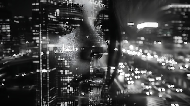 Foto portrait einer schönen frau in der belichtung stadt-effekt stadtlandschaft reflexion