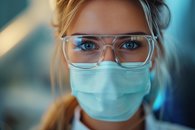 Foto portrait einer schönen weißen frau, ärztin oder laborarbeiterin mit gesichtsmaske und schutzbrille