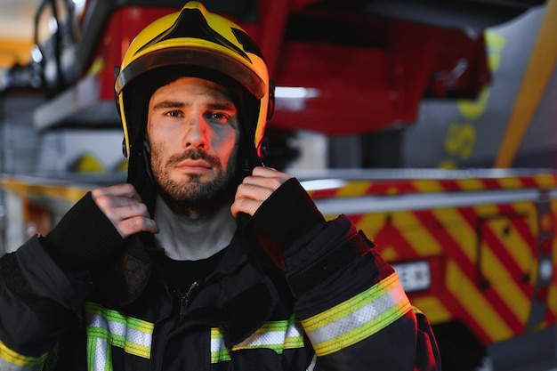 Portrait eines Feuerwehrmanns im Dienst, Feuerwehrmann mit Helm in der Nähe einer Feuerwehrmaschine