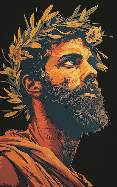 Portrait eines griechischen Mannes in einer Chiton-Tunika und einem Laurel-Wreat-T-Shirt Design Art Tattoo Ink Frames