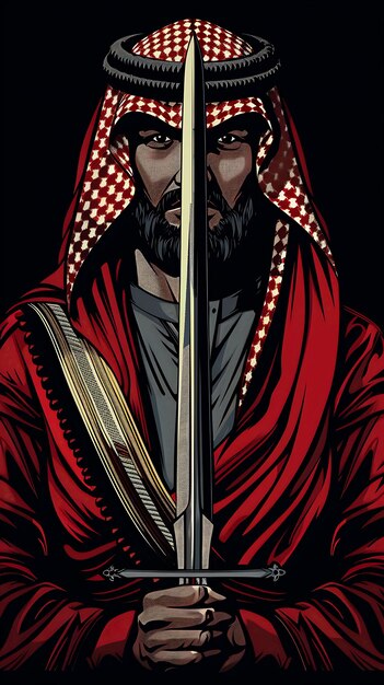 Portrait eines kuwaitischen Kriegers mit traditioneller Kleidung und Gutra-T-Shirt Tattoo Print Art Design Ink