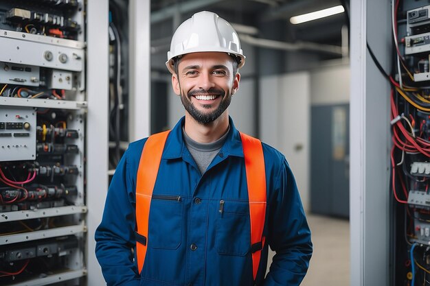 Foto portrait eines lächelnden ingenieurs in voller länge