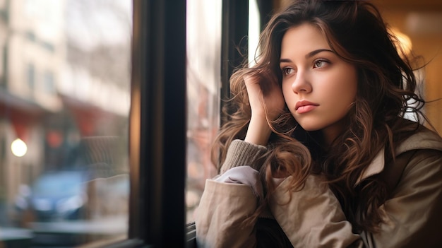 Portrait eines Mädchens im Fenster eines Cafés