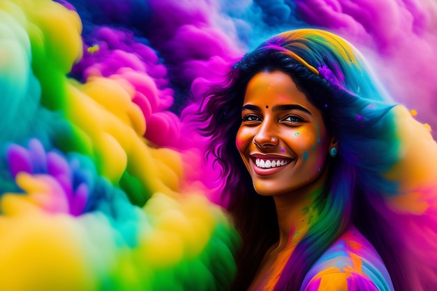 Portrait eines netten Mädchens gemalt in den Farben des Holi Festivals