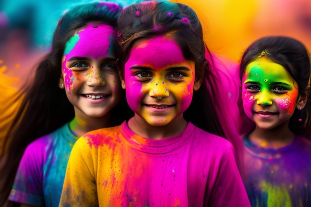 Portrait eines netten Mädchens gemalt in den Farben des Holi Festivals