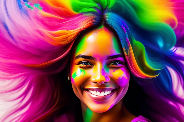 Portrait eines netten Mädchens gemalt in den Farben des Holi Festivals