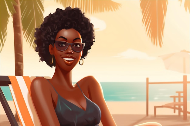 Portrait junge afroamerikanische Frau sitzt auf einem hölzernen Liegestuhl an einem tropischen Strand mit Sonnenbrille