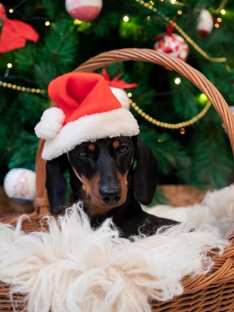 Portrait kleiner Hund Dackel mit Weihnachtsmann-Hut in den Korb auf den Hintergrund Weihnachtsbaum