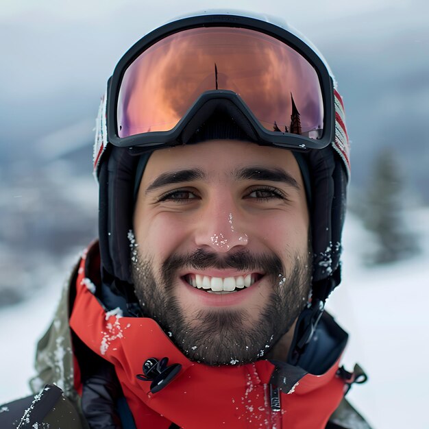 Foto portrait of a smiling snowboarder with helmet and goggles