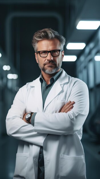 Foto portrait of male confidant scientist in white coat standing with arms crossed generative ai