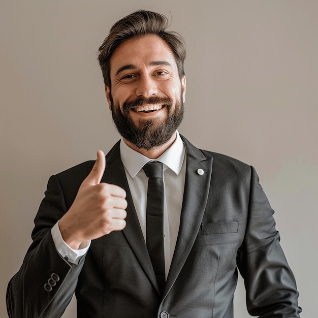 Foto portrait of management consultant pointing up with a happy face