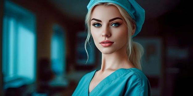 Foto portrait schöne junge krankenschwester im krankenhaus generative ki