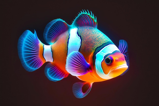 Portrait von Clownfischen in Neonfarben auf dunklem Hintergrund generative ai