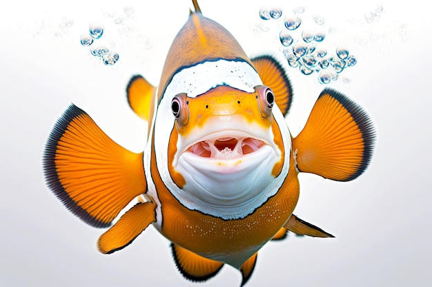 Foto portrait von clownfischen lächelnd mit all seinen zähnen auf einem weißen hintergrund generative ai