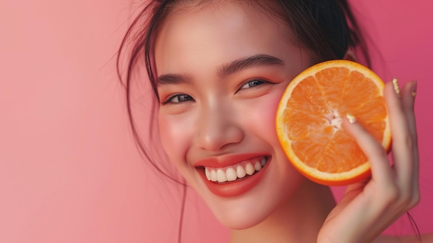 Portraito de beleza, fruta e modelo. Mulher asiática feliz com laranja suculenta.