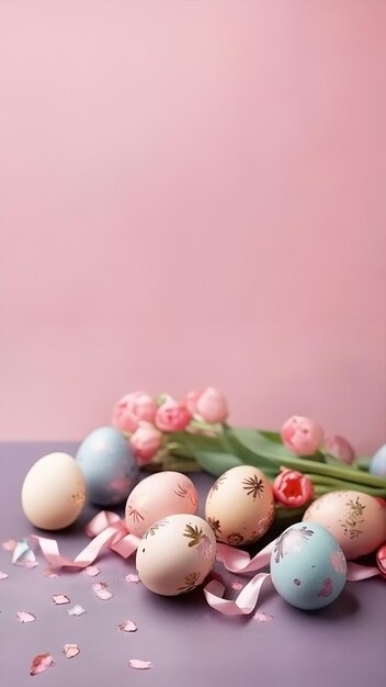 Portreto de ovos de Páscoa decorativos com tulipas em fundo rosa-púrpura pastel