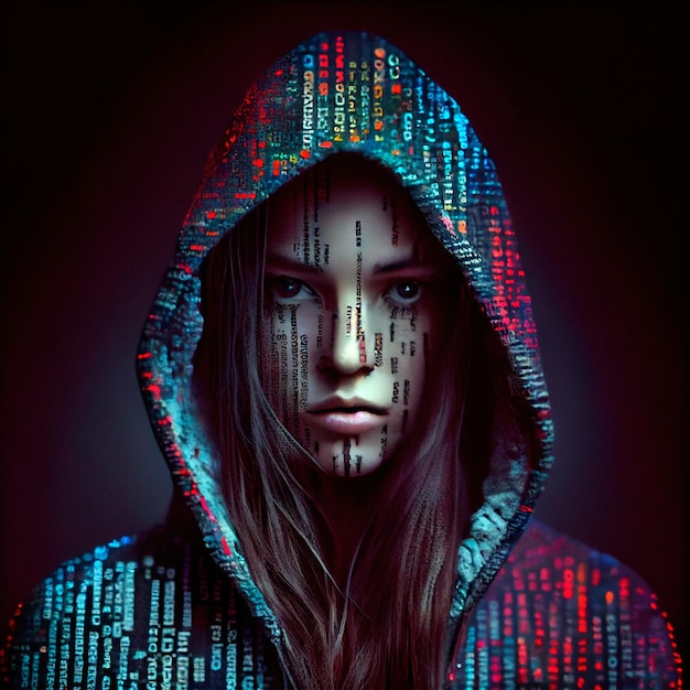 Portrt de un hacker cyberpunk de ciencia ficción al estilo de la mujer Matrix Hightech del futuro