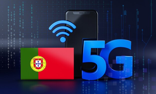 Portugal listo para el concepto de conexión 5G. Fondo de tecnología de teléfono inteligente de renderizado 3D