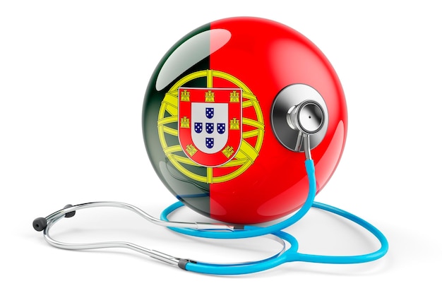 Portugiesische Flagge mit Stethoskop Gesundheitsversorgung in Portugal Konzept 3D-Darstellung isoliert auf weißem Hintergrund