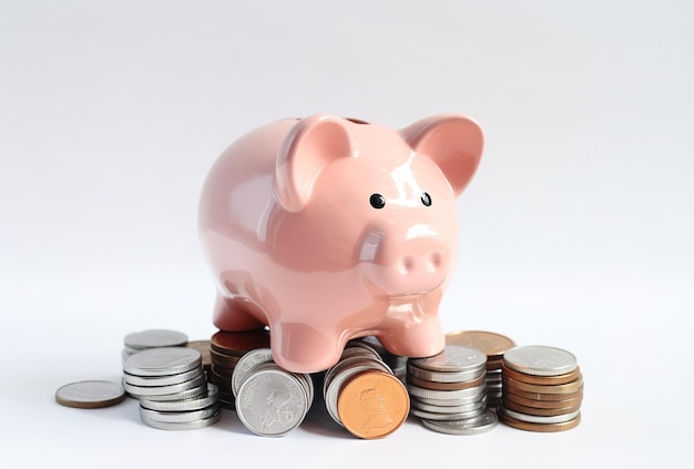 Porzellan-Sparschwein, das auf verstreuten Münzen steht Das Konzept, Geld und hohe Preise zu sparen