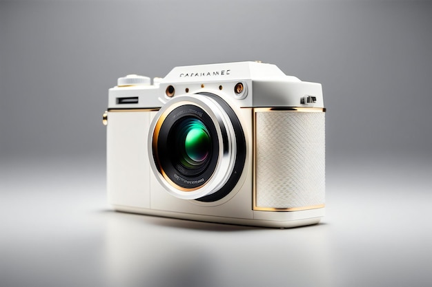 Porzellananzug, weißer Hintergrund, Seitenansicht, Produktfotografie einer Kamera, entworfen von Dieter Rams, ca