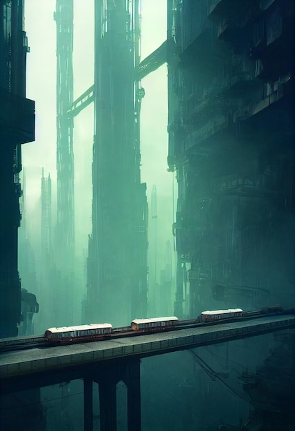 Pós-apocalíptico cinematográfico dieselpunk metrópole arquitetura futurista edifícios de alta densidade túneis deformações pontes elevadas pessoas em todos os lugares caminhando AI Rede Neural Arte Gerada por Computador