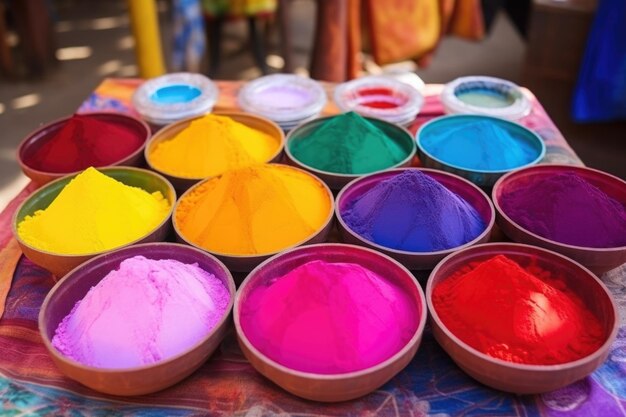 Pós coloridos em tigelas para o festival holi