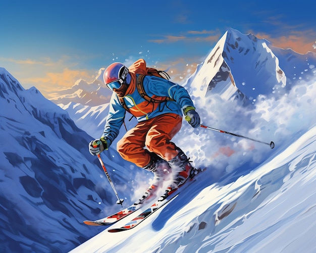 Pos-Skifahrer, orangefarbene blaue Jacke, die den schneebedeckten Berg hinunterfährt, Symbolkleidung, hochfliegende Auflistung, Computer