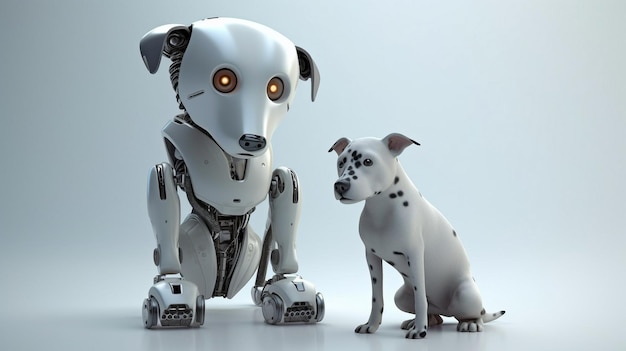 Posando em um pano de fundo cinza claro estão um robô e seu cachorro The Generative AI