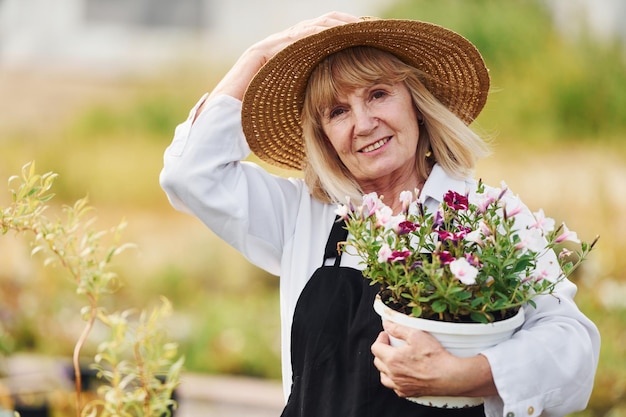 Posando con una maceta de flores en las manos La mujer mayor está en el jardín durante el día Concepción de las plantas y las estaciones