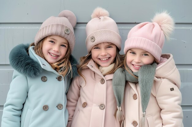 Posando y sonriendo son tres niñas pequeñas vistiendo cómodos abrigos tostados y gorras de lana de colores pastel ropa de otoño e invierno para niños IA generativa