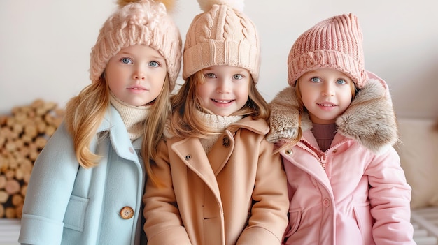 Posando y sonriendo son tres niñas pequeñas vistiendo cómodos abrigos tostados y gorras de lana de colores pastel ropa de otoño e invierno para niños IA generativa