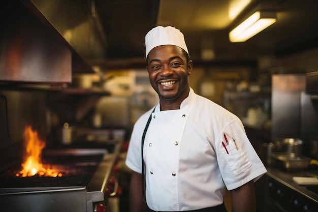 Pose amigável do sorriso do afro-americano masculino do cozinheiro chefe de meia idade