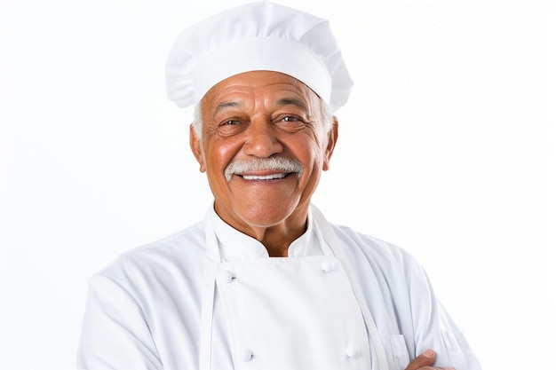 Pose amigável sênior do sorriso do afro-americano masculino do cozinheiro chefe