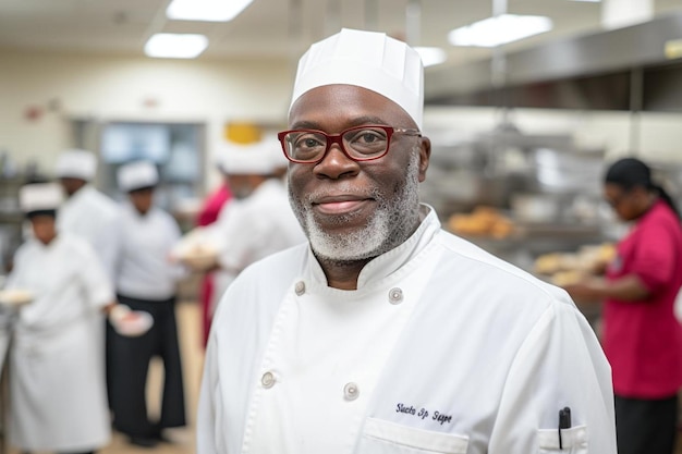 Pose amigável sênior do sorriso do afro-americano masculino do cozinheiro chefe