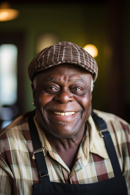 Pose amigável sênior do sorriso do afro-americano masculino do cozinheiro chefe