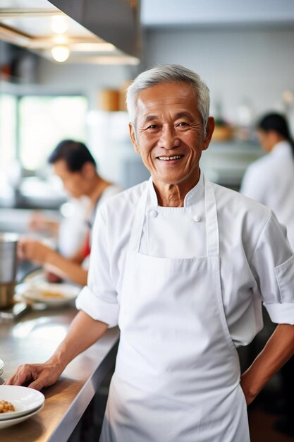 Pose confiante masculina asiática de meia idade do chef