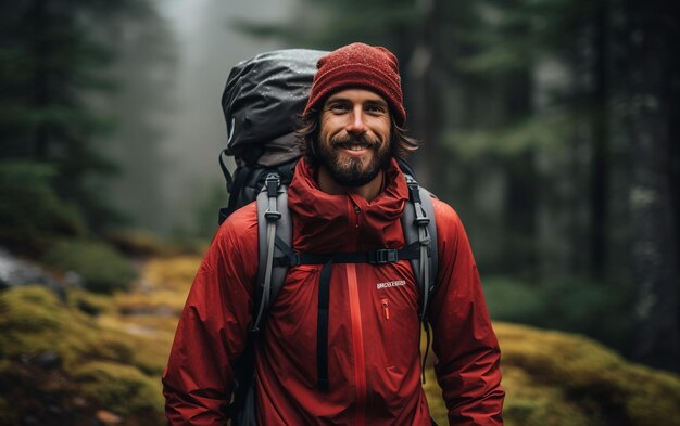 Pose de caminhada com equipamento de exploração ao ar livre